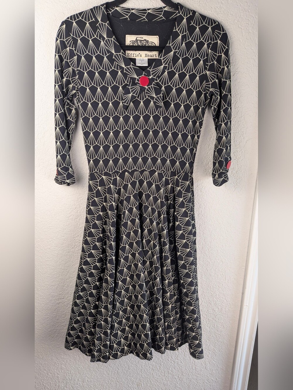 Effie's Heart Fit And Flare Midi Dress S Stretch Cotton 3/4 Sleeves Retro Pin Up